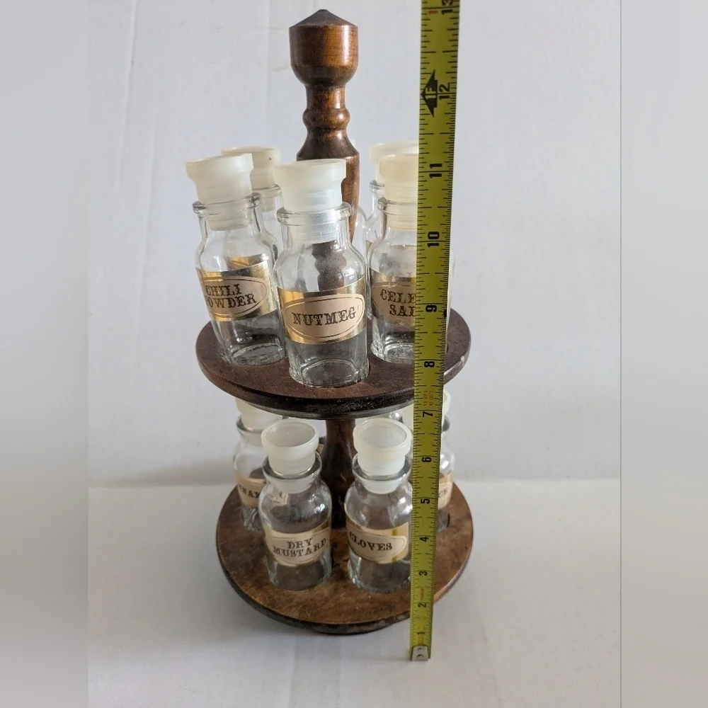 Vintage Glass Spice Jars Bottles Set of 12.Apothecary Jars With Wood Lazy Susan